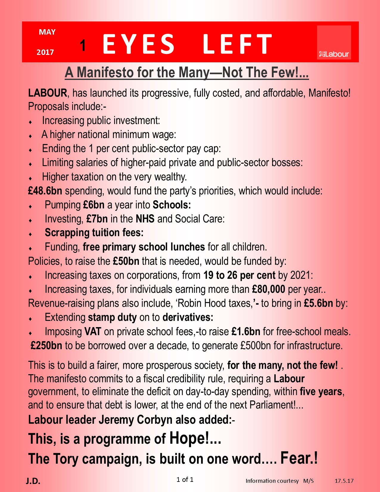 2017 Labour Party Manifesto – The Collective & Labour- Eyes – Left – Durham